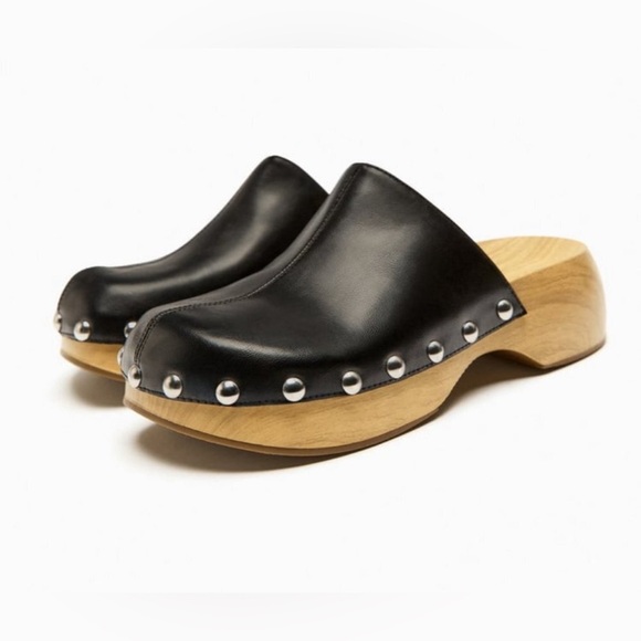 NWOT  NEW ZARA WOMEN WOODEN STUDDED BLACK LEATHER CLOGS MULE SLIPPERS SIZE 37 - Picture 2 of 16